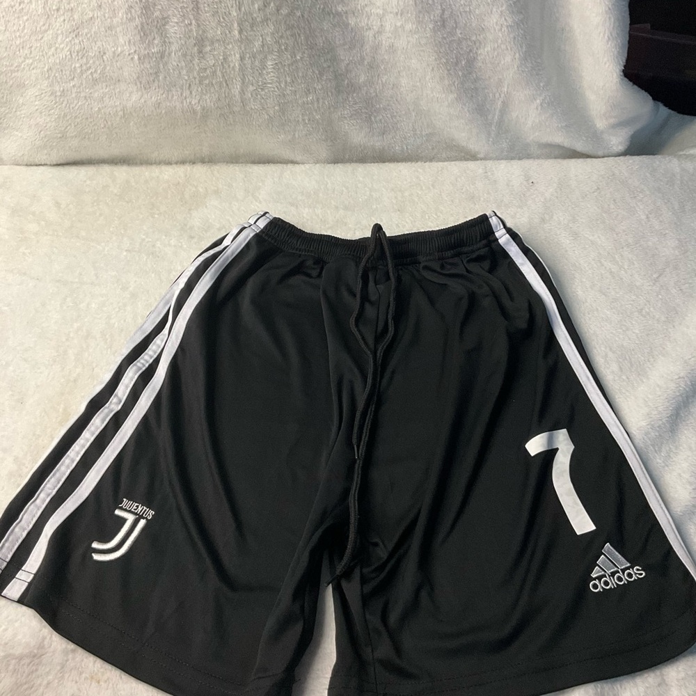 Adidas Black and White Stripe Athletic Shorts 7 Juventus Soccer
